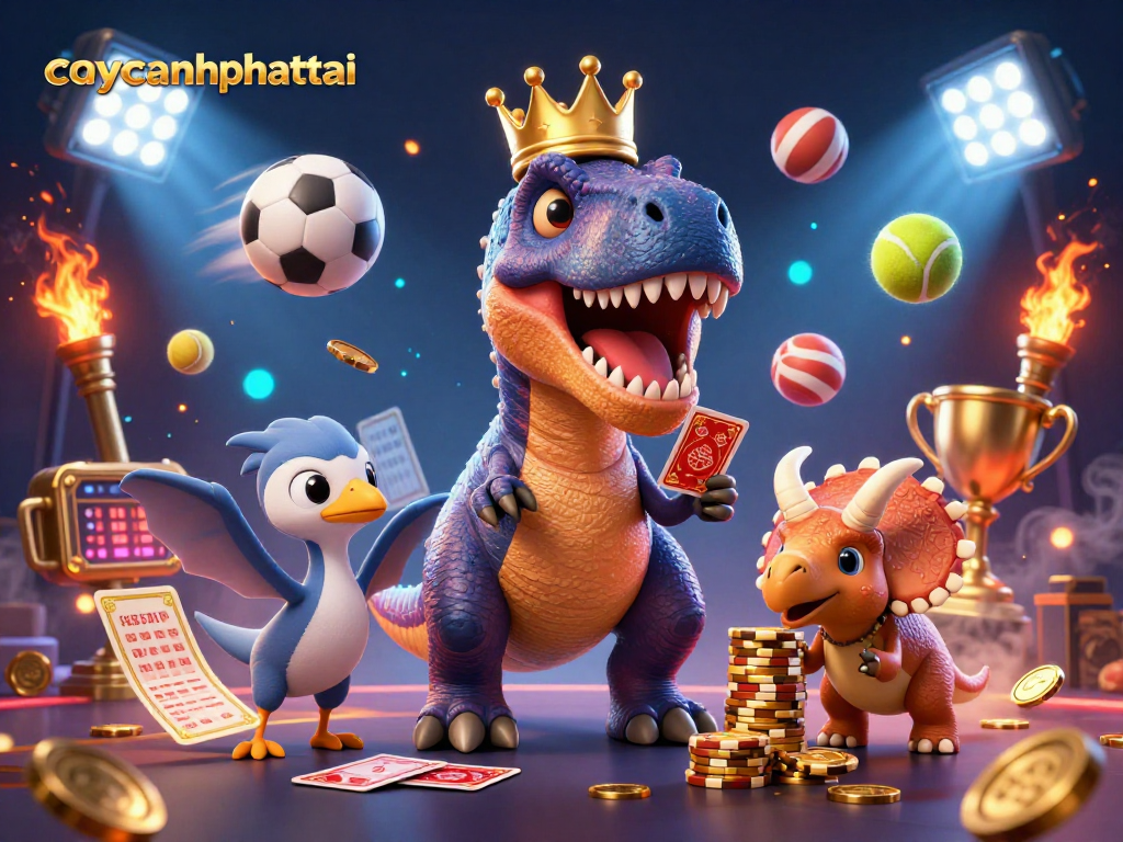 Engage with a vibrant caycanhphattai scene featuring a T-Rex shuffling cards and a baby triceratops stacking chips.