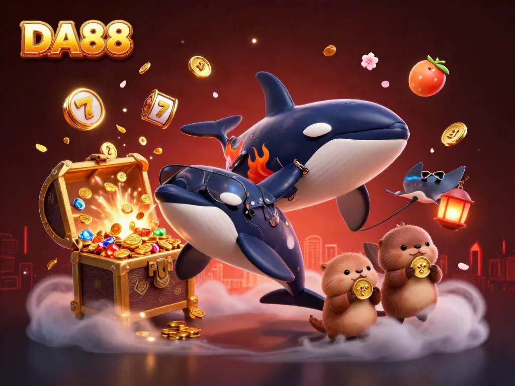 Engaging casino-themed scene featuring DA88 with an orca, stingray, and otters among slot reels and gold coins.