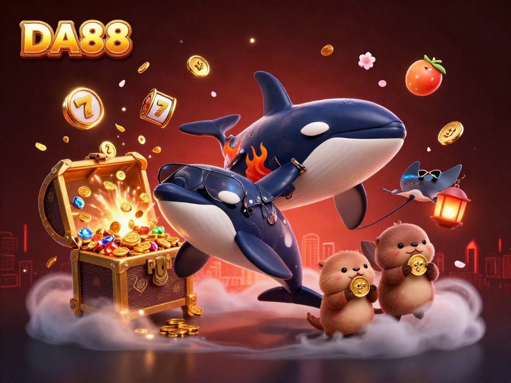Engaging casino-themed scene featuring DA88 with an orca, stingray, and otters among slot reels and gold coins.