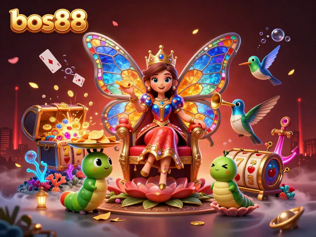 Experience the vibrant world of bos88 with a captivating butterfly queen amidst slot machines, coins, and gems.