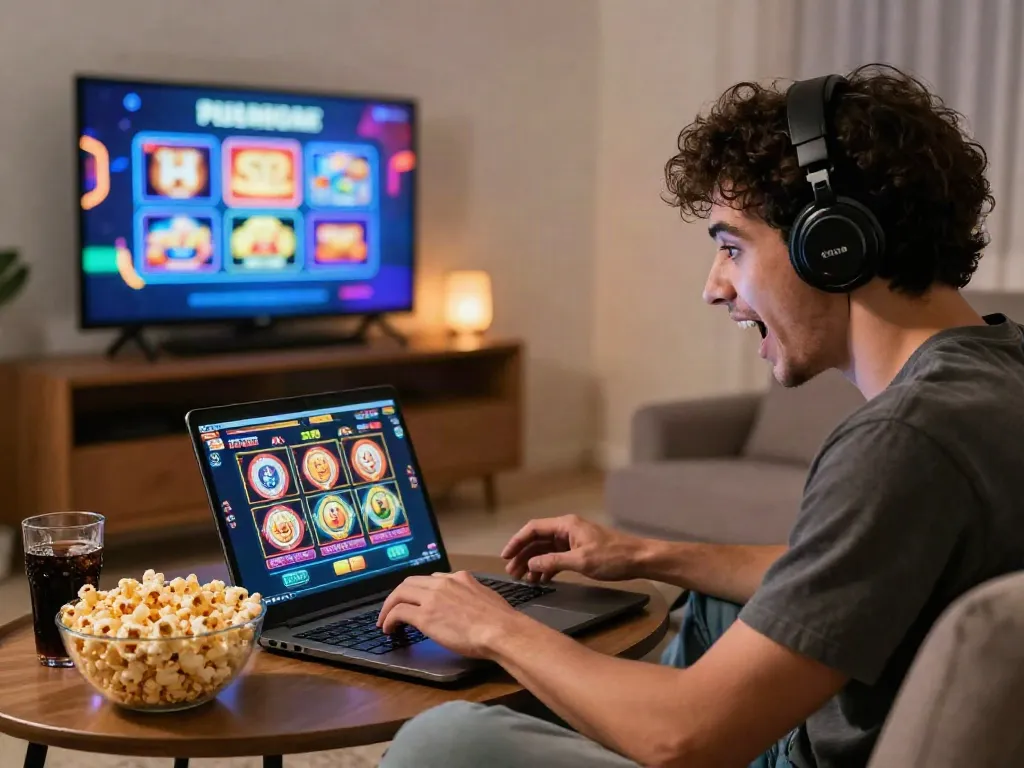 Player excitedly engaging with slot jackpot games on a laptop in a cozy home setting.