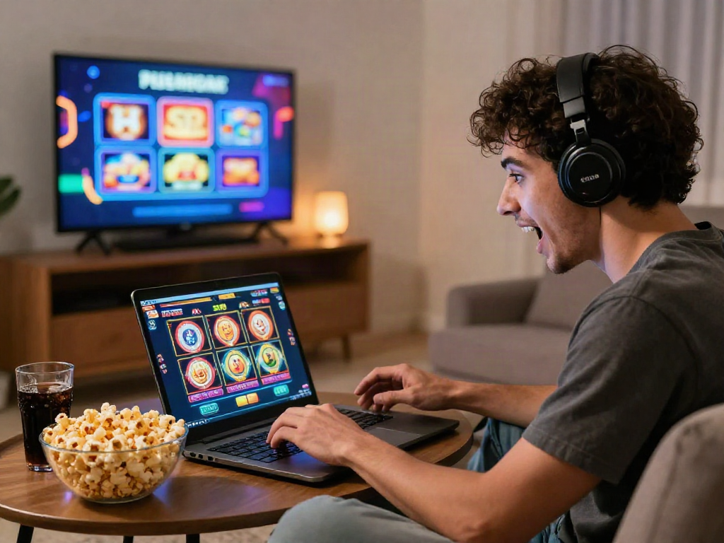 Player excitedly engaging with slot jackpot games on a laptop in a cozy home setting.