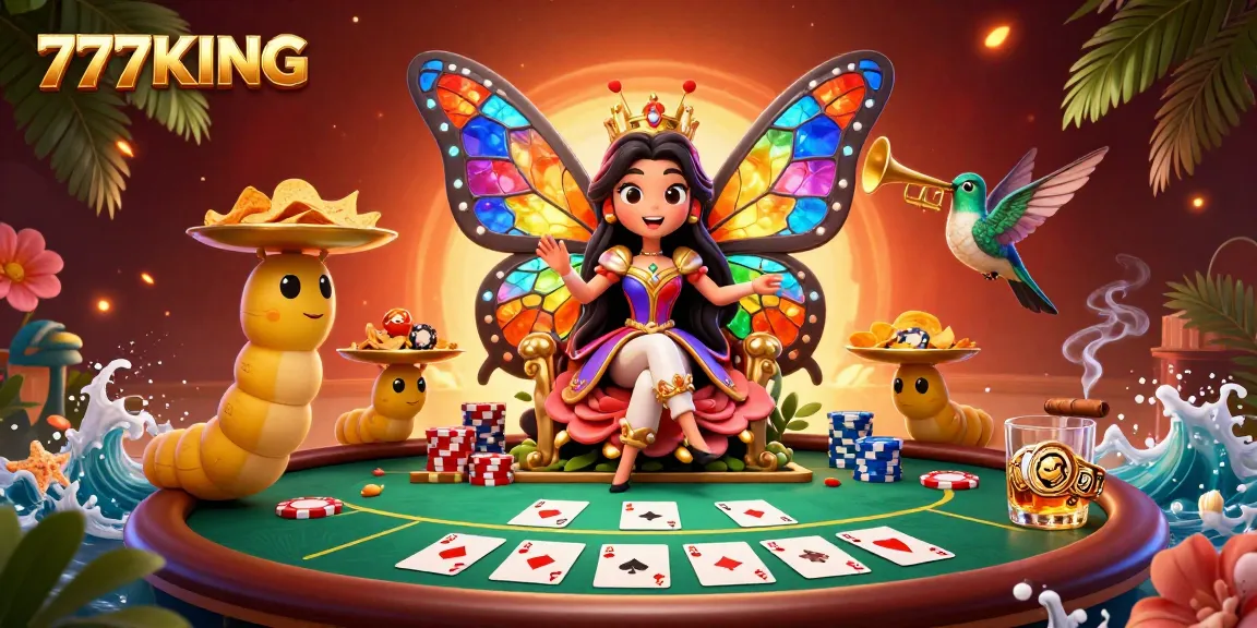 Engage with the vibrant magic of 777KING through this dazzling 3D art scene featuring a butterfly queen, poker action, and colorful chips.