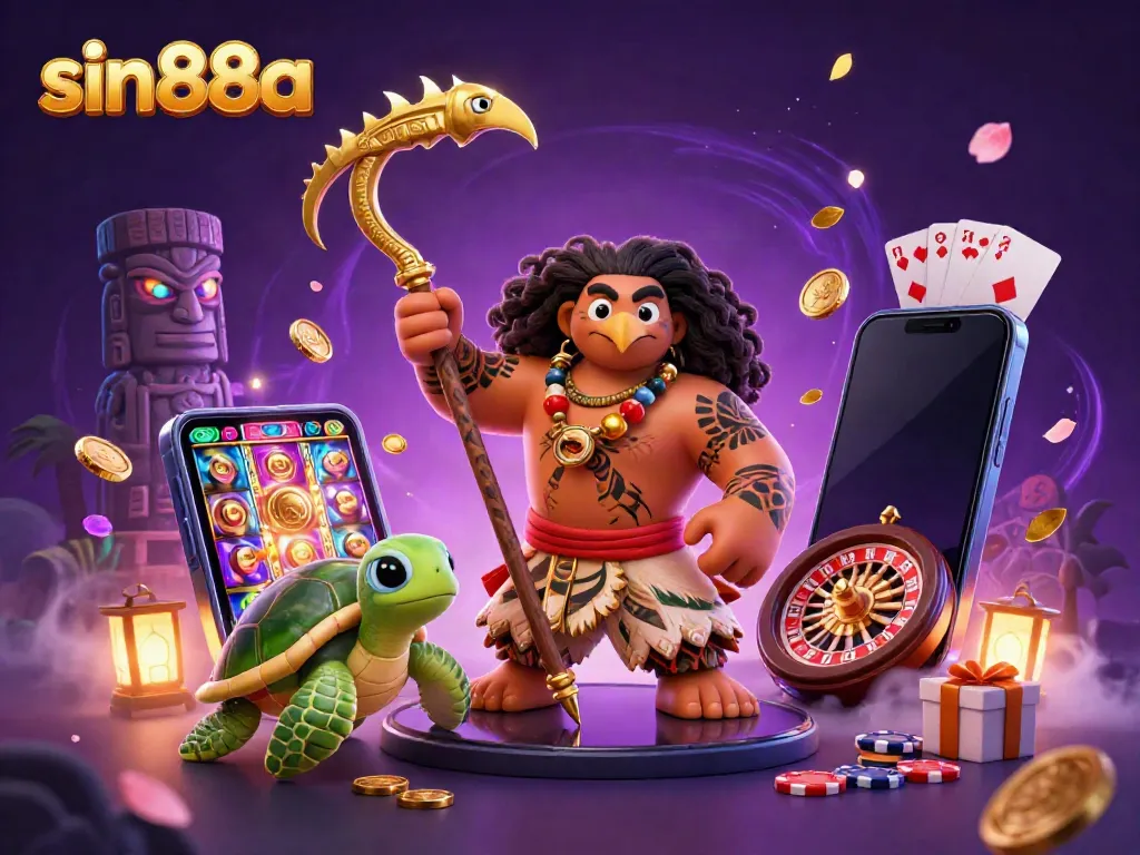 Experience the excitement of sin88a with a colorful casino scene featuring a demigod and gaming elements.