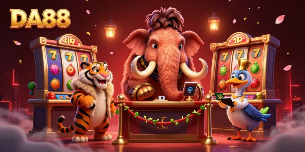 Engaging scene of DA88 casino with a woolly mammoth bouncer and vibrant slot reels spinning.