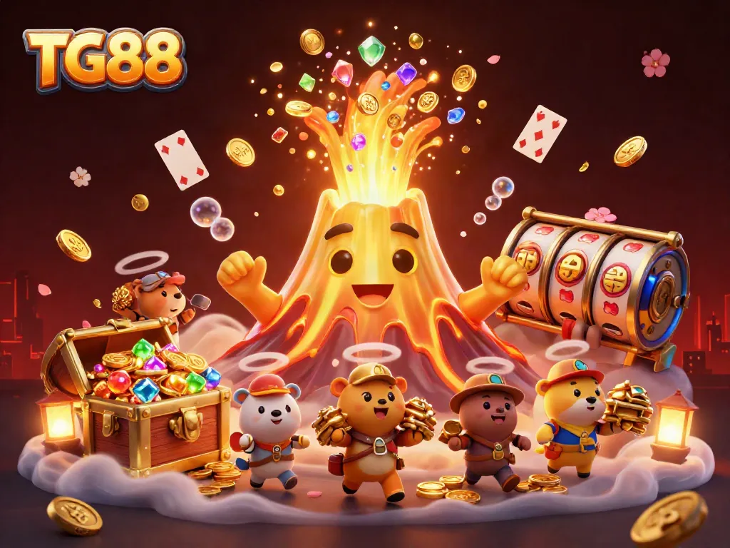 Experience abundant wins with TG88's vibrant casino revolution featuring a golden volcano erupting coins.