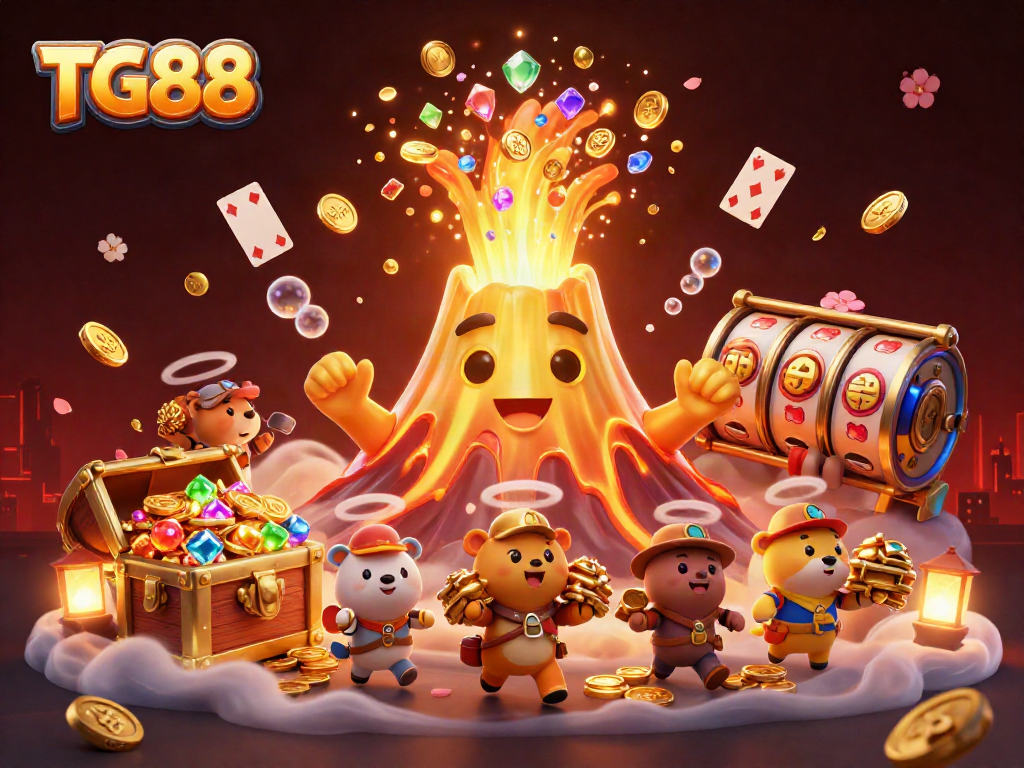 Experience abundant wins with TG88's vibrant casino revolution featuring a golden volcano erupting coins.