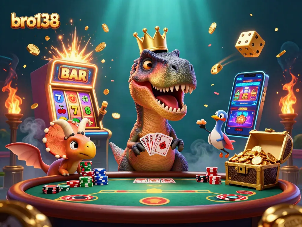 Engage with exciting poker action at bro138, featuring a playful T-Rex and dynamic casino elements.
