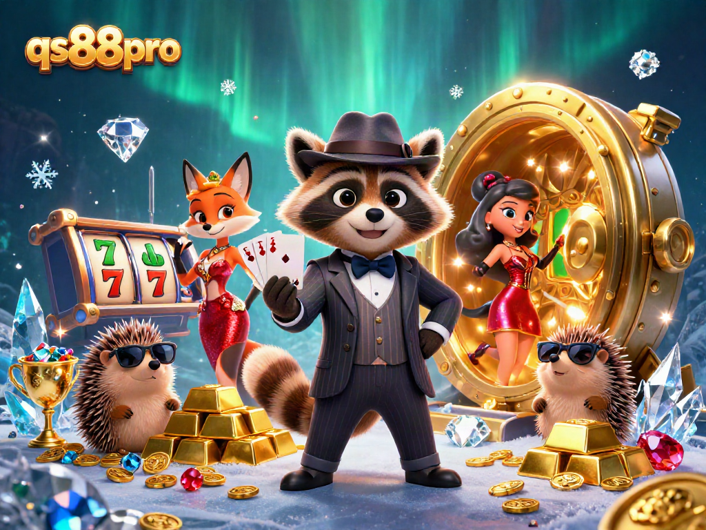 Engage in excitement at qs88pro as a raccoon and fox unveil jackpot treasures in a vibrant casino.
