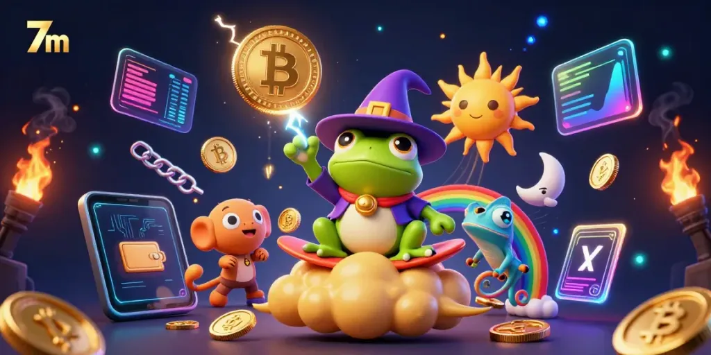 Experience thrilling wins with the magical scene of 7m illustrating betting excitement through cartoon characters and crypto themes.