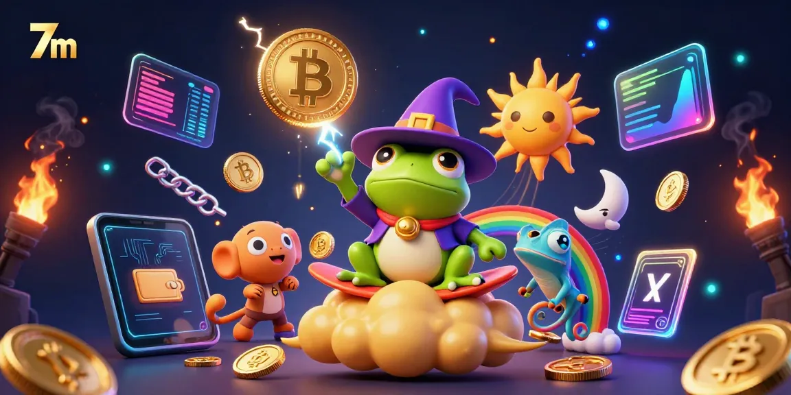 Experience thrilling wins with the magical scene of 7m illustrating betting excitement through cartoon characters and crypto themes.