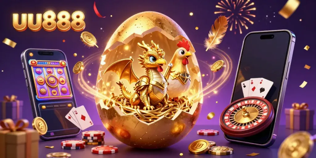 Experience the thrill of uu888 with a golden dragon and vibrant casino elements in an exciting 3D scene.