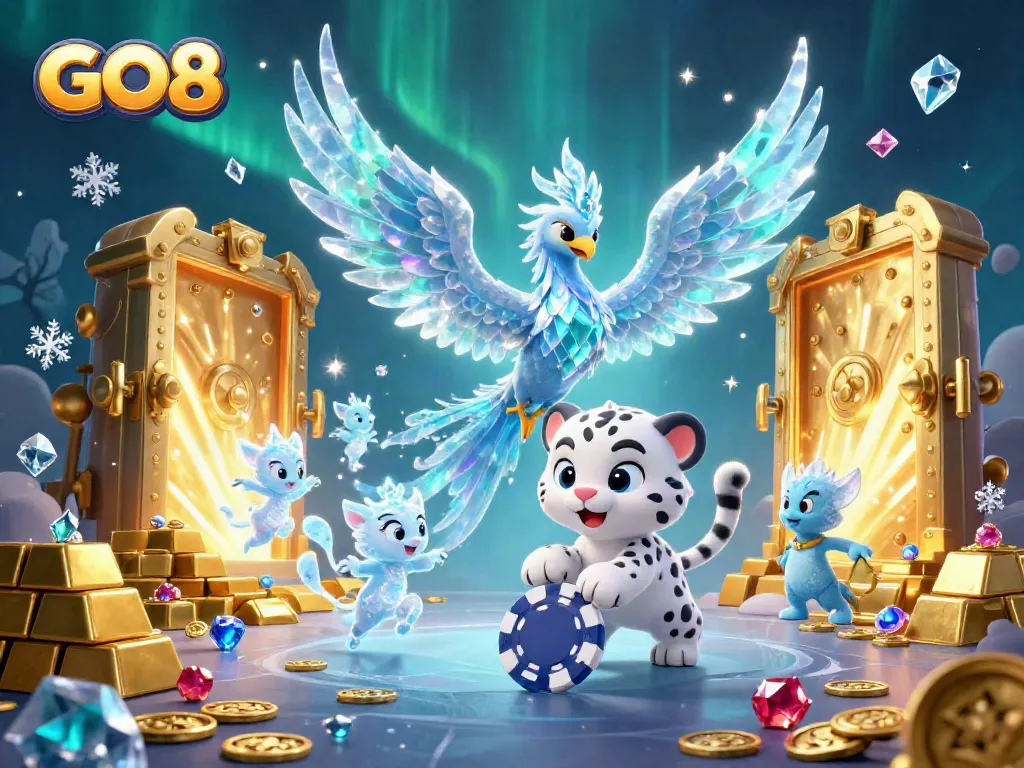 Engage with GO8's vibrant casino scene featuring a phoenix, snow leopard, and sparkling treasures.