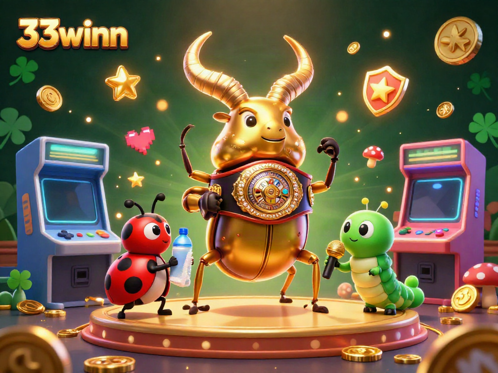 33winn showcases a dynamic casino scene with a golden stag beetle and ladybug, enhancing online gaming excitement.