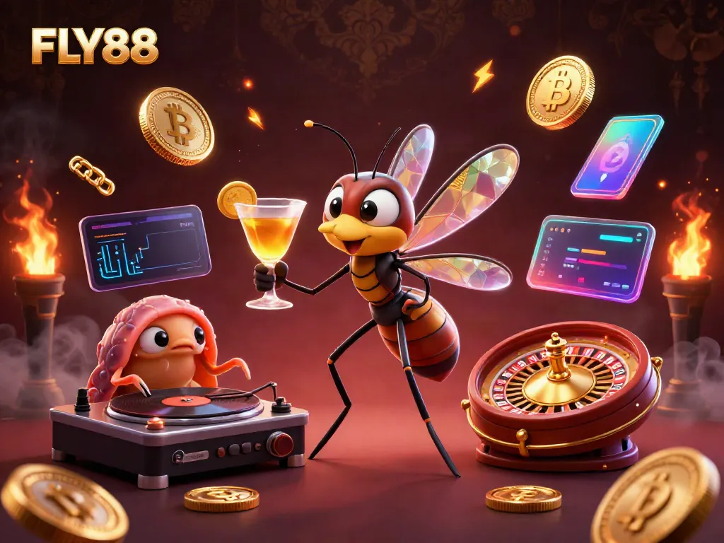 FLY88 casino mascot and trilobite DJ amidst golden casino elements and crypto coins in an engaging 3D illustration.