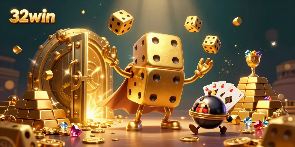Experience thrilling gameplay with 32win as the golden dice golem juggles winnings in a dynamic casino scene.
