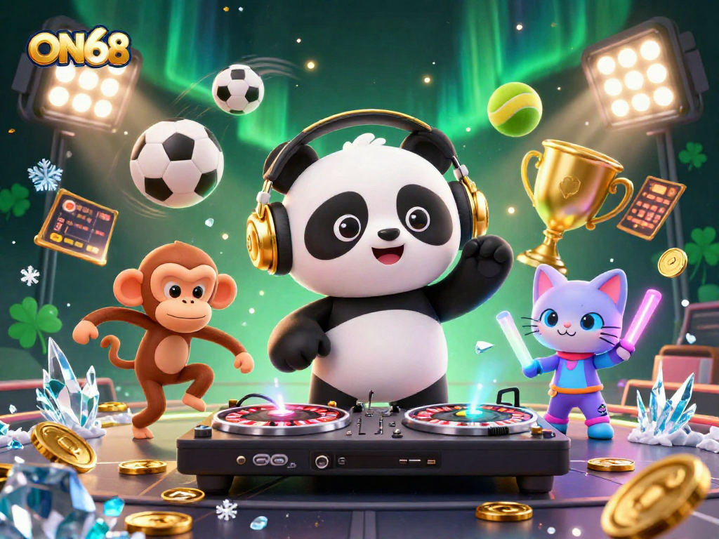 Experience excitement at ON68 with a lively scene featuring DJ panda, monkey dancer, and rave kitten in a dynamic casino atmosphere.