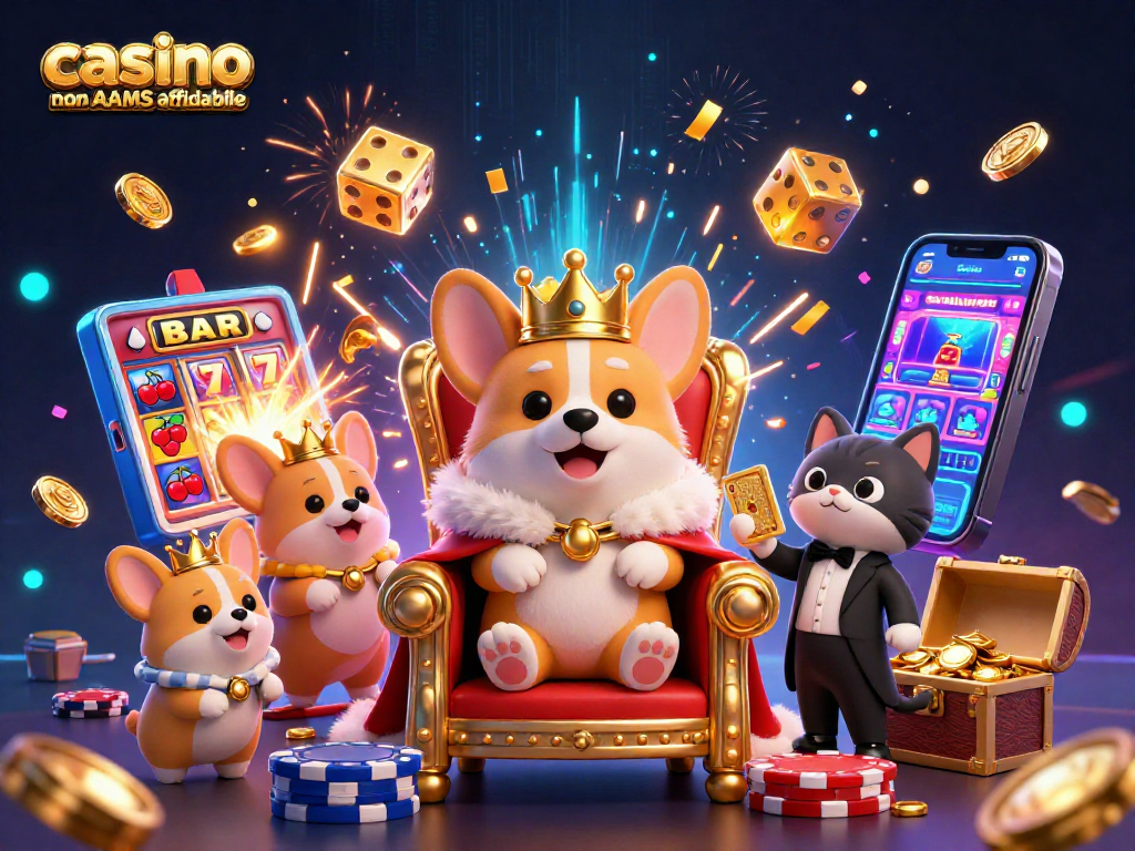 Un corgi reale con corona d'oro in un casinò, simboli di gioco e di vincita, casino non AAMS affidabile.