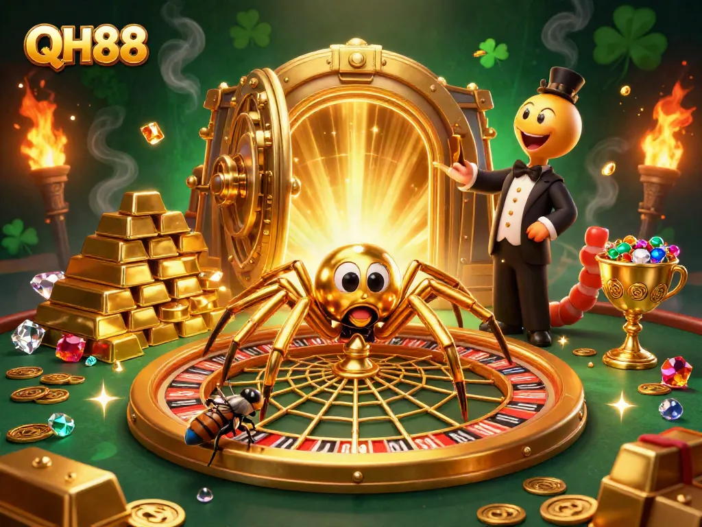 Experience QH88's thrilling bets in a vibrant casino scene filled with riches and excitement.