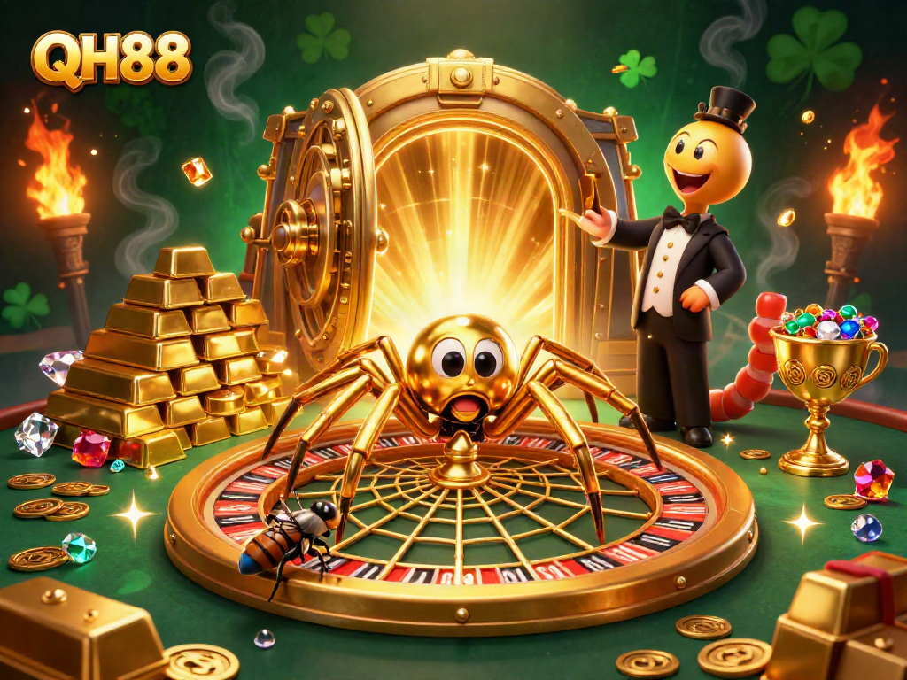 Experience QH88's thrilling bets in a vibrant casino scene filled with riches and excitement.