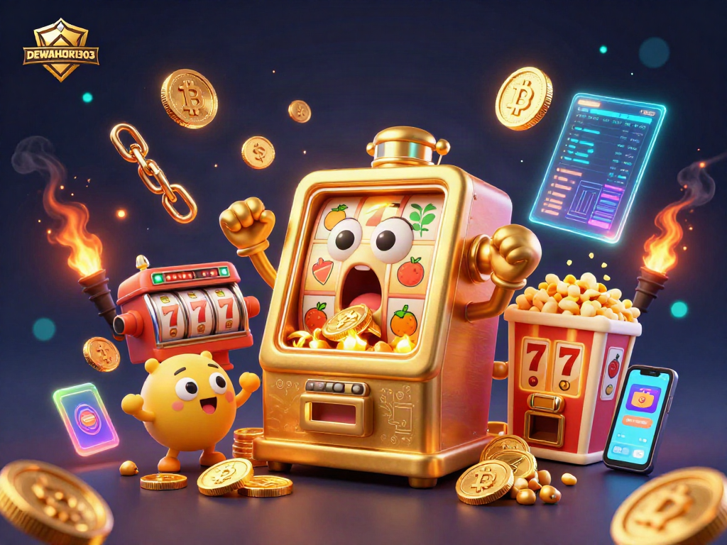 Slot online DEWAHOKI303 memanifestasikan jackpot dengan mesin slot emas yang mengejutkan, dikelilingi koin digital dan efek blockchain.