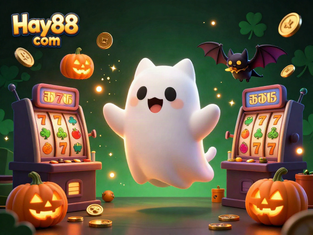 Experience thrilling gaming with Hay88 com in a haunted casino scene featuring playful ghosts and slot machines.