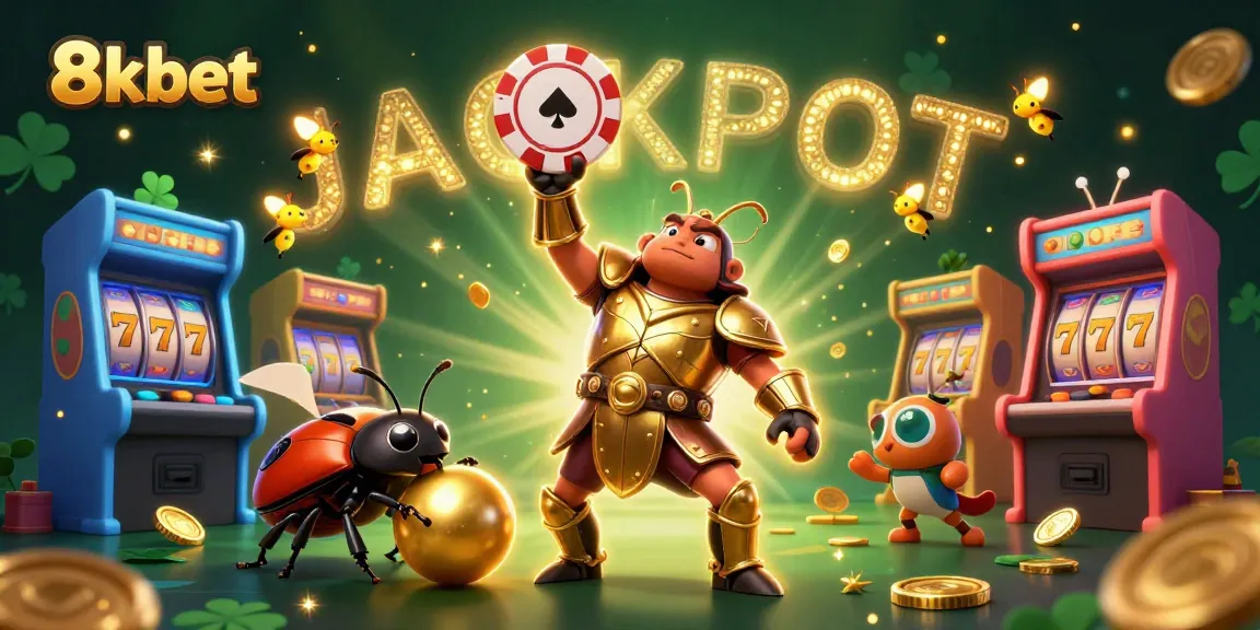 Join the excitement at 8xbet with cartoon beetles celebrating a jackpot victory amidst colorful gaming elements.