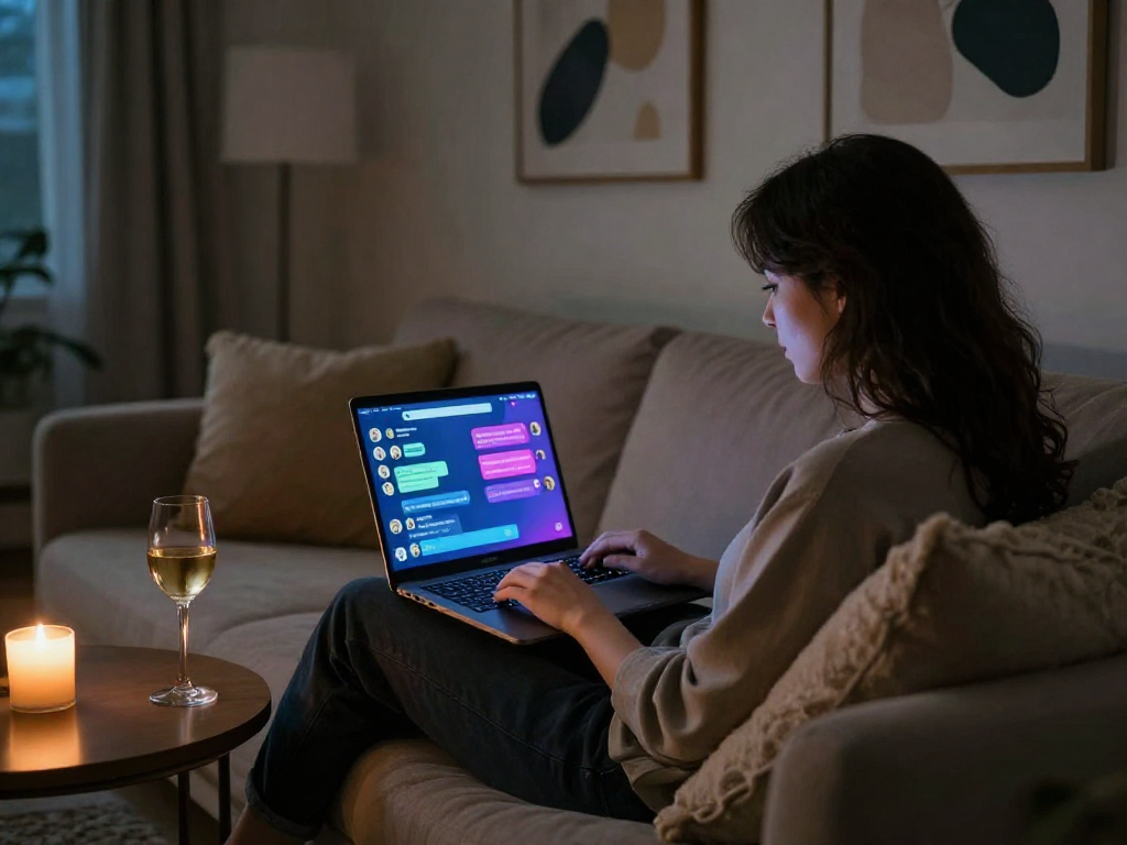 A cozy setting showcasing a person enjoying an ai porn chat experience, laptop in use with an intimate atmosphere.