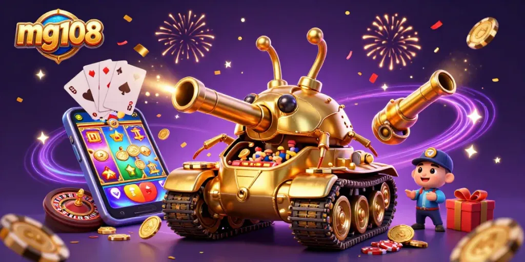Menangkan jackpot dengan mg108, simbol slot dan koin emas bertebaran di seluruh kasino mini.
