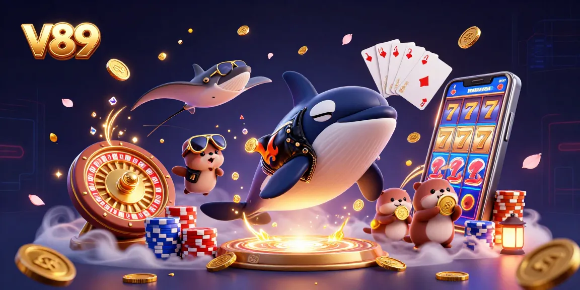 Ilustrasi v89 yang menampilkan paus orca kartun, stingray, dan berang-berang dengan koin emas dalam sebuah lingkungan kasino
