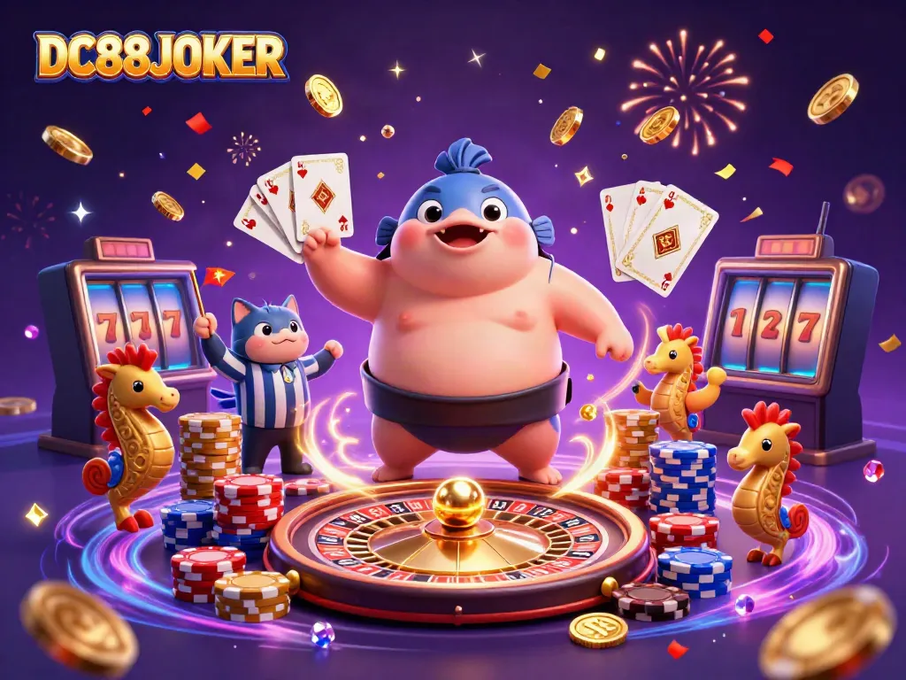 Experience the excitement at DC88JOKER with a dynamic underwater poker scene featuring colorful characters and casino elements.