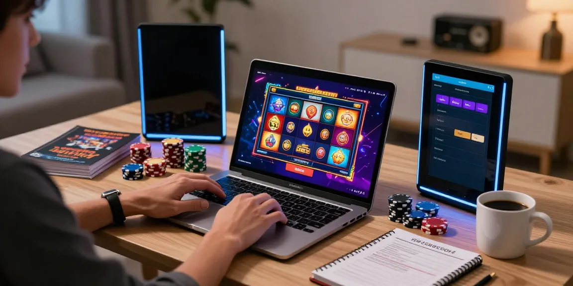 Exciting online gambling scene showcasing akunjp gaming setup with vivid slot graphics and gaming accessories.