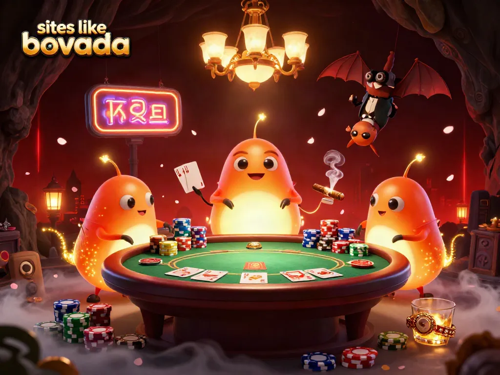 Engage with sites like Bovada in a vibrant casino scene with cartoon glowworms illuminating the action.