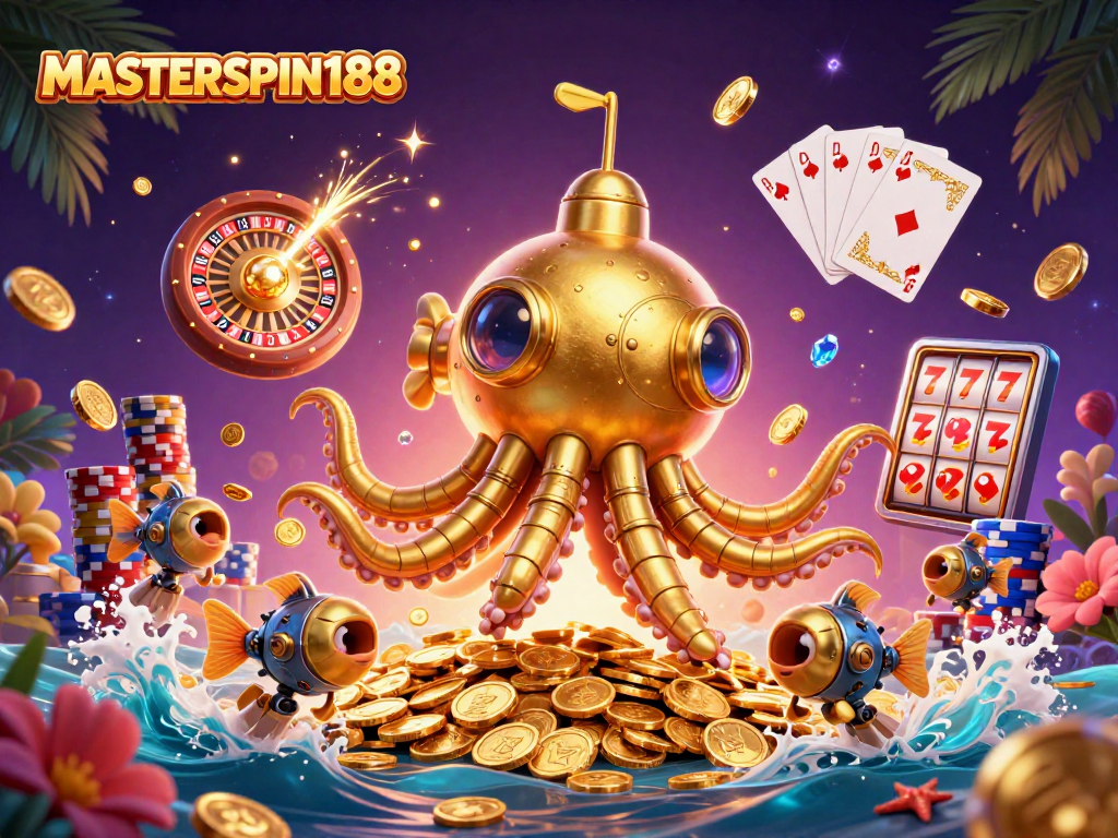 Join the excitement of MASTERSPIN188 with a vibrant scene of a kraken and mechanical fish amidst golden coins and casino elements.