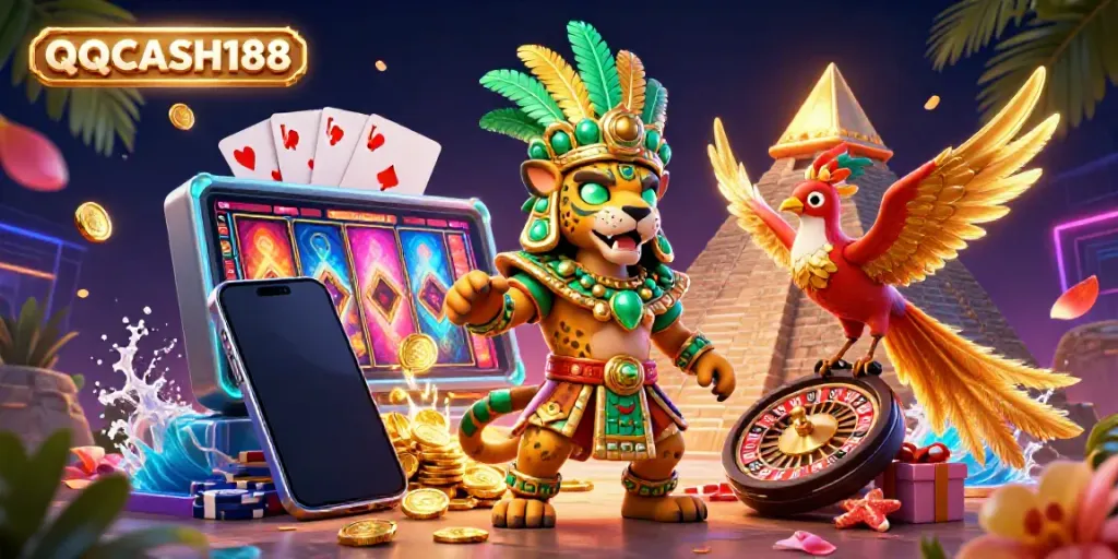 Engage in QQCASH188 gaming excitement with vibrant 3D characters and dynamic casino elements.