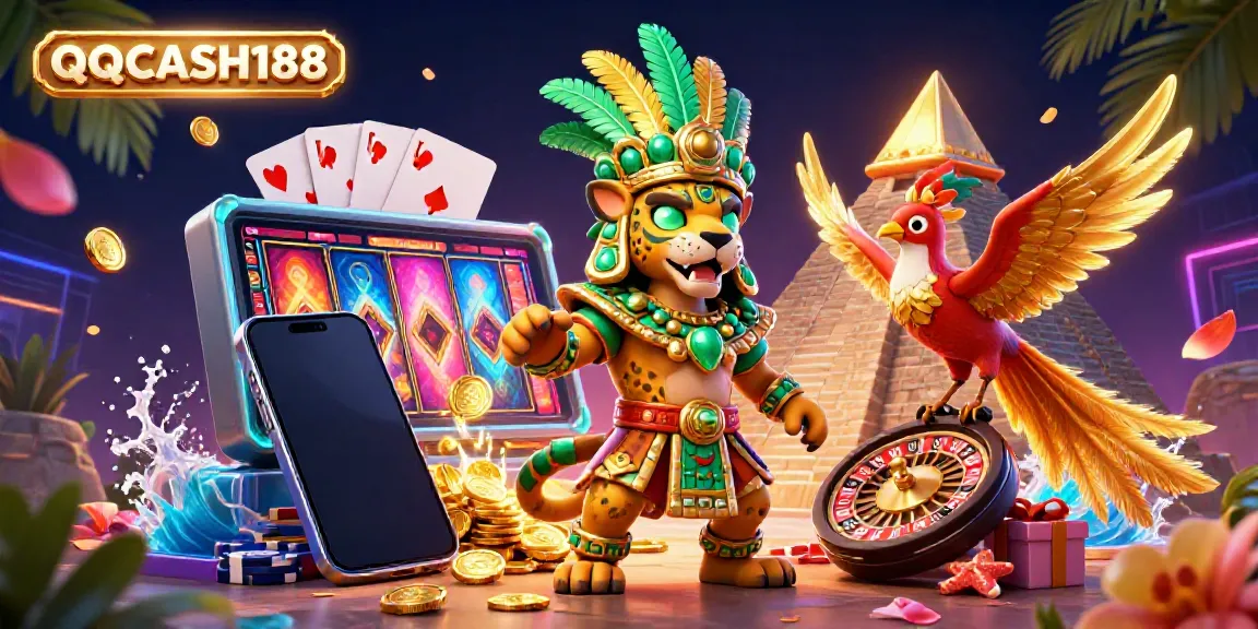 Engage in QQCASH188 gaming excitement with vibrant 3D characters and dynamic casino elements.