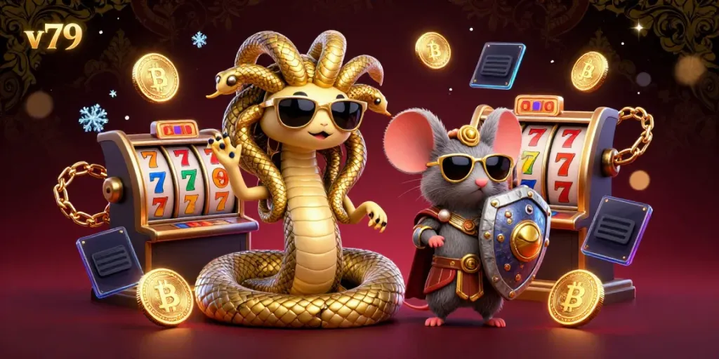 Experience the vibrant excitement of v79 casino gaming with Medusa and a warrior mouse in a rich 3D illustration.