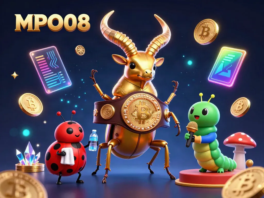 MPO08's vibrant digital casino illustration brings an exciting beetle boxing scene to life with glowing coins and captivating effects.