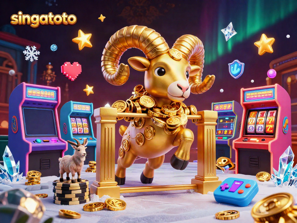Experience singatoto's vibrant slot gaming scene with a golden ram at a casino gate.