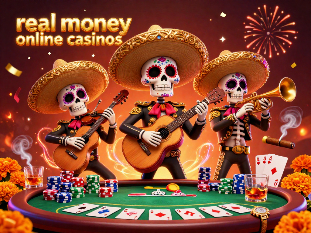 Enjoy lively celebrations at real money online casinos with mariachis, poker, and vibrant decor.