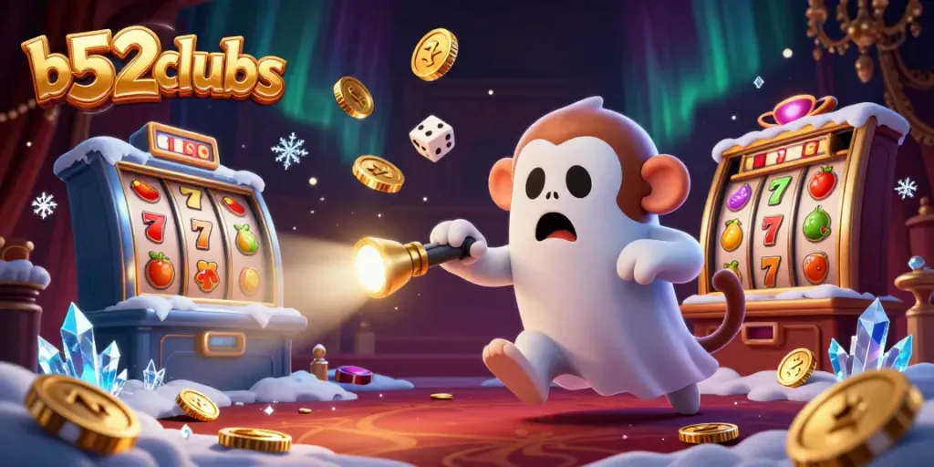 Engage in thrilling gameplay with b52clubs, featuring a casino scene with slot machines and a playful ghost.