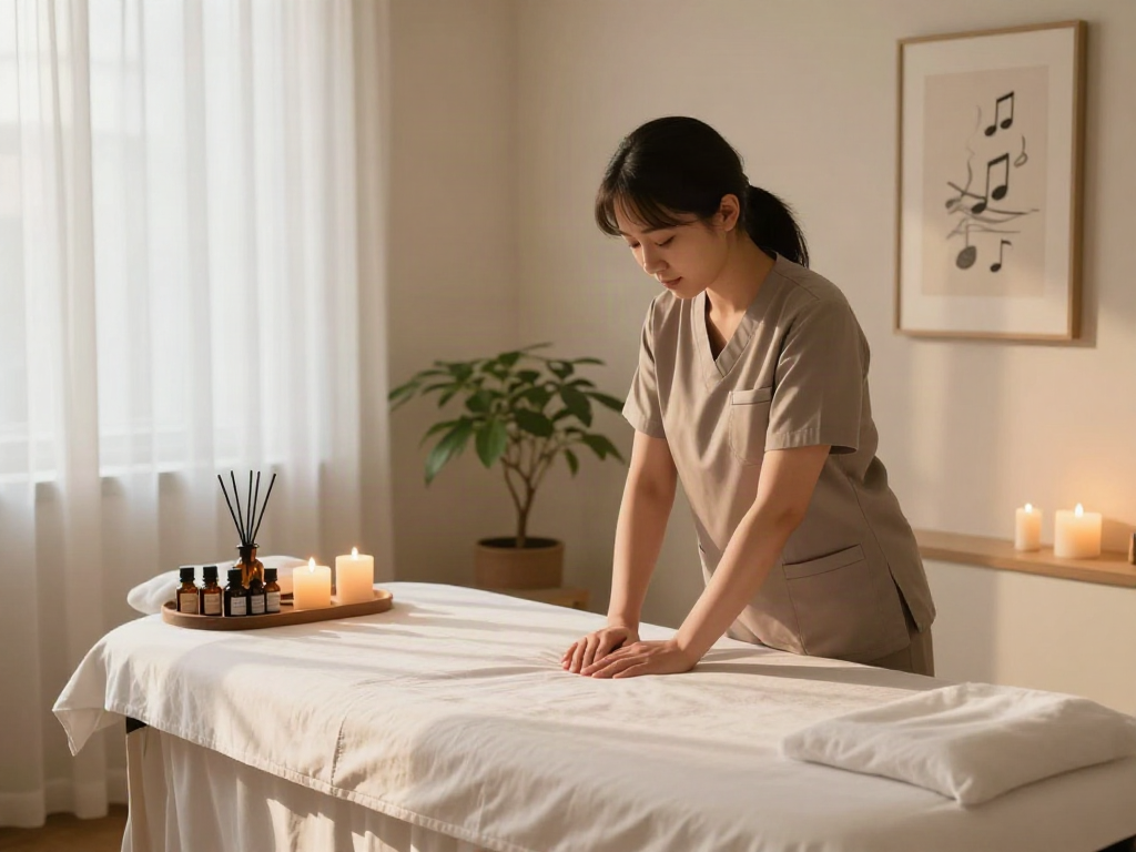 Relaxing 서대문출장마사지 setup with serene massage therapist, aromatherapy, and calming atmosphere.
