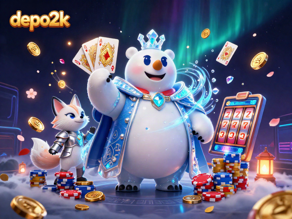 Spin and win with depo2k at this vibrant online casino illustration featuring a polar bear.