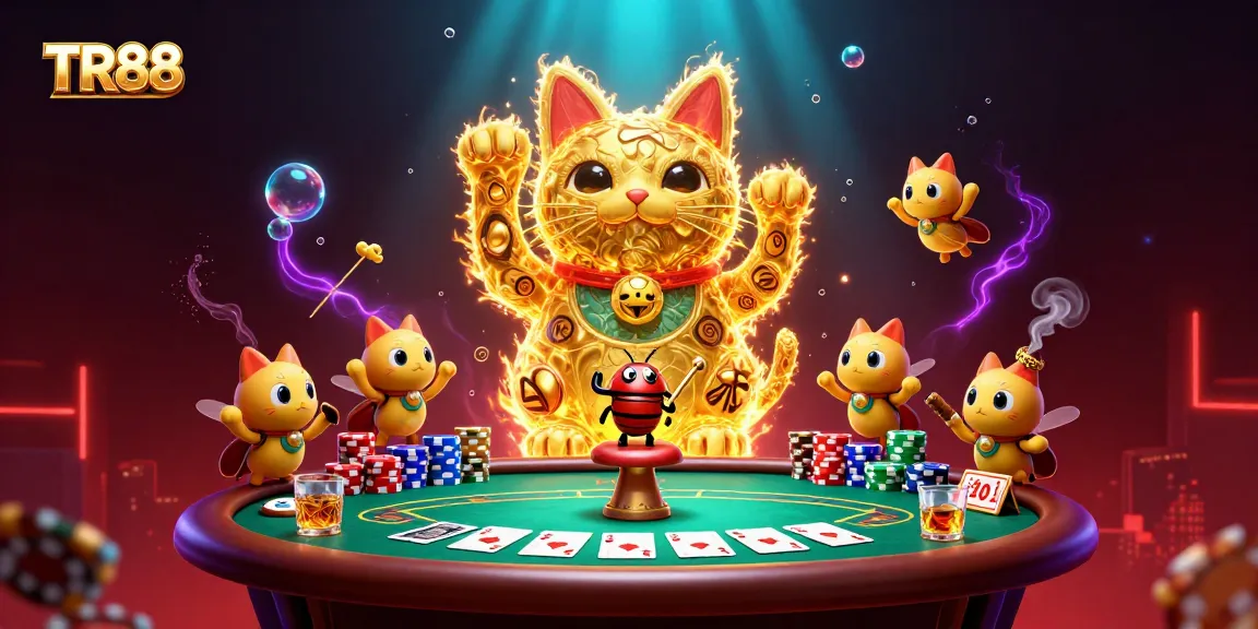 Experience thrilling casino action with TR88's dynamic gaming elements in a vibrant 3D illustration.