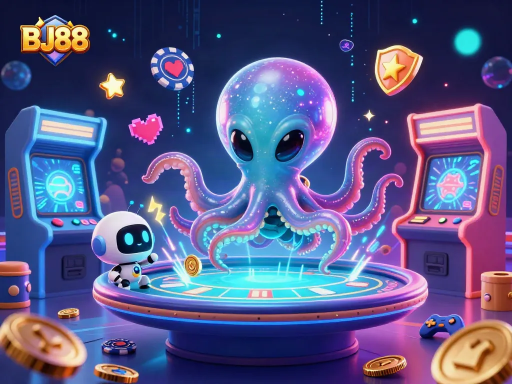 BJ88 showcases an alien octopus dealing at a holographic poker table amid vibrant, orbiting game elements.