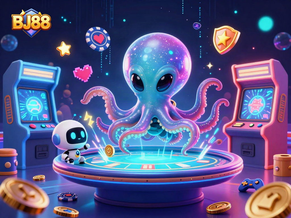 BJ88 showcases an alien octopus dealing at a holographic poker table amid vibrant, orbiting game elements.