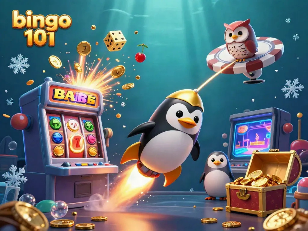 Experience thrilling casino action with Bingo 101 as a golden penguin navigates through a vibrant game universe.