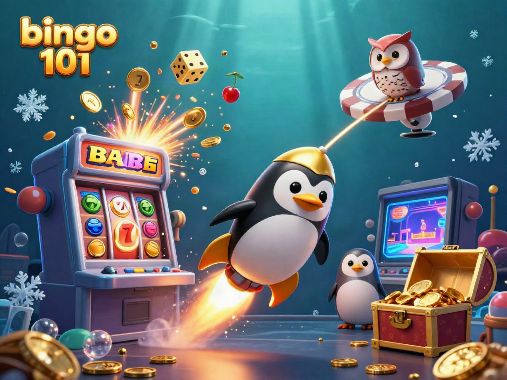 Experience thrilling casino action with Bingo 101 as a golden penguin navigates through a vibrant game universe.