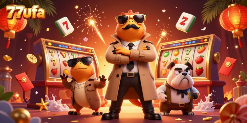 Engage with 77ufa's vibrant 3D casino scene, featuring raptors in a trench coat and exciting gaming elements.