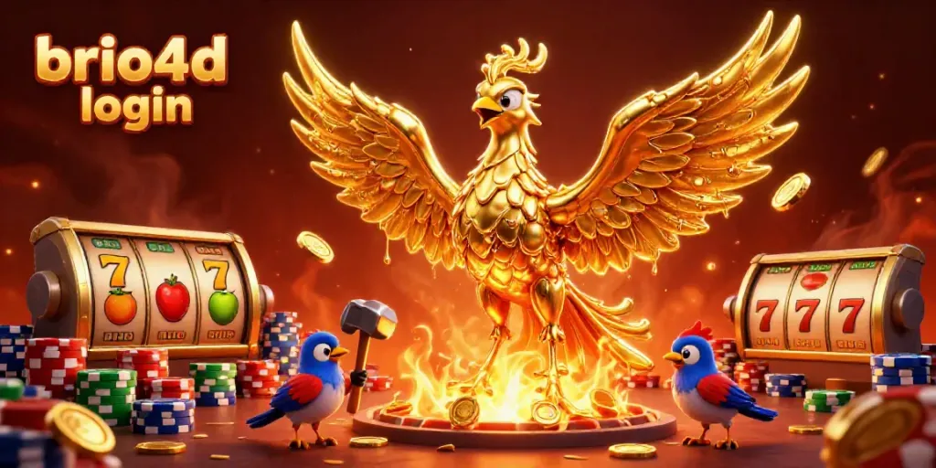Experience the excitement of brio4d login with a golden phoenix and slot machines in a vibrant casino scene.